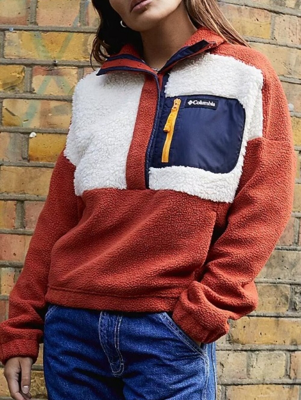 COLUMBIA Colorblock Sherpa Pullover Sweater in Rust and Cream